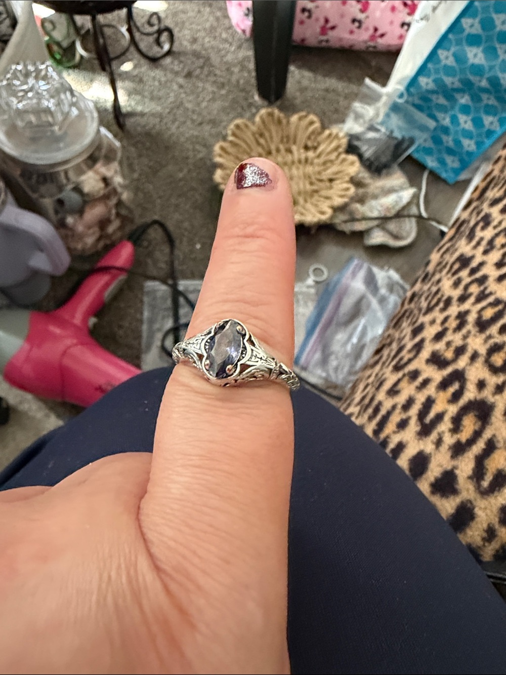 Sterling Silver Marquise Blue Stone Filigree Ring - Women Jewelry